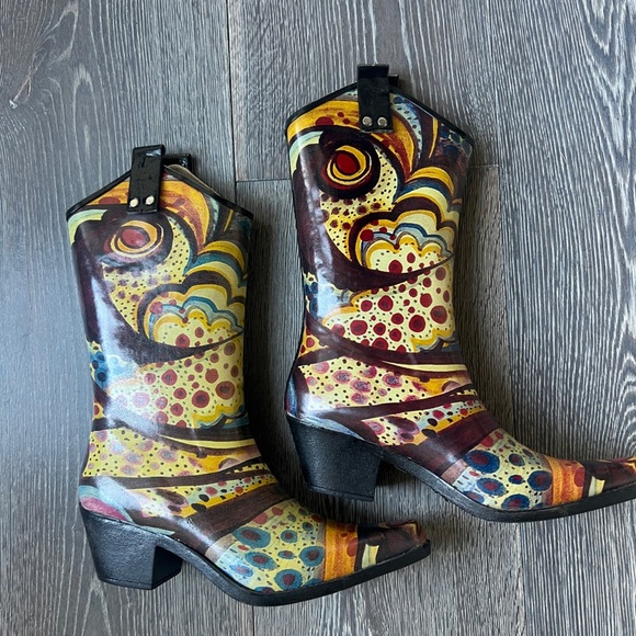 Nomad Yippy Rubber Rain Boots Cowboy Boho women’s 7 Turquoise Monet pattern - Picture 5 of 8